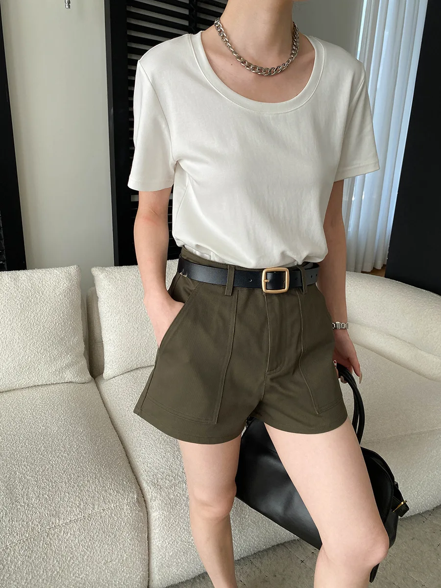 Frühlings- und Sommer-Damen-Shorts in Unifarben mit hoher Taille, weitem Bein und großen Taschen im Workwear-Stil. – Detail 37