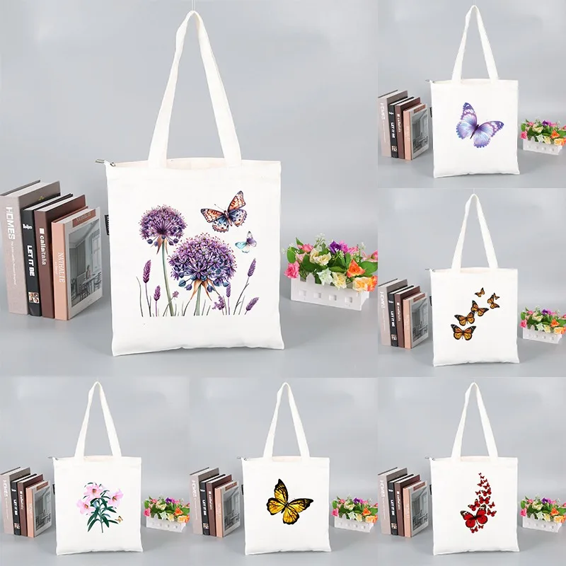 

Холщовые сумки с принтом бабочки, женская сумка-тоут на плечо, Повседневная сумка для покупок с изображением растений и бабочек