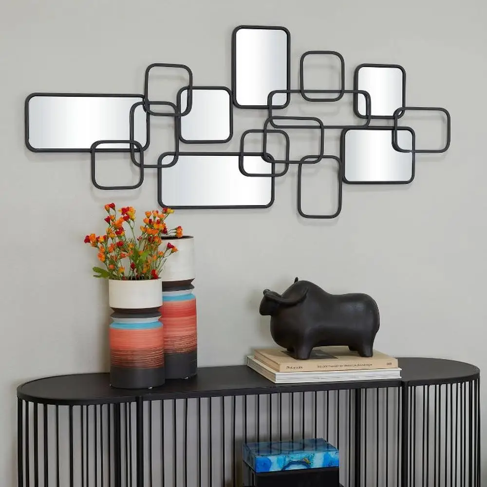 

Abstract Geometric Black Metal Wall Mirror Contemporary Style Irregular Shape Unique Design with Multiple Reflective Glasses