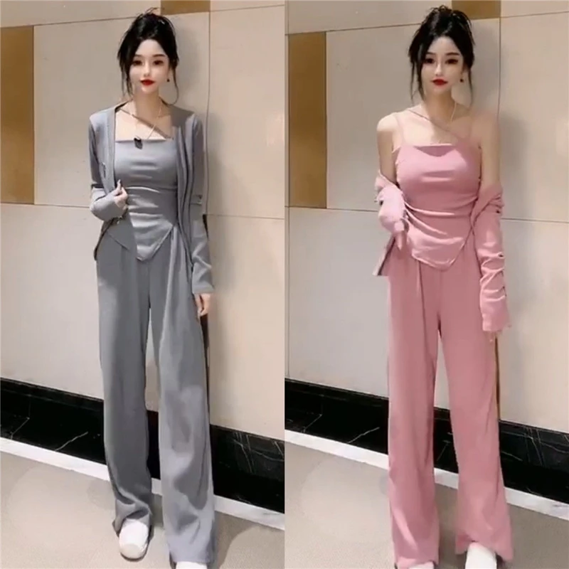 

Elegant Knitted Three Piece Set Women Long Sleeve Buttons Cardigan Sweater Coat and Wide Leg Pants Suit Ladies Tracksuits G485