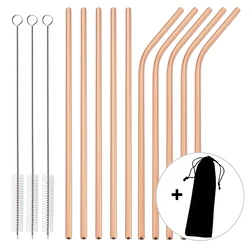 Elegant Rose Gold Reusable Stainless Steel Straw Set with Cleaning Brush - 14 Piece Home and Bar Collection (Rose)