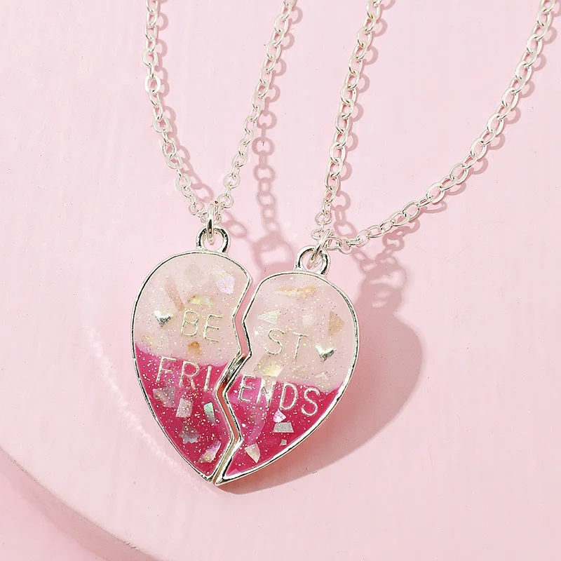 

2 Piece Set Heart-shaped Stitching Pendant Best Friend Chain Exquisite Lovely BFF Friendship Necklace for Friend Girl