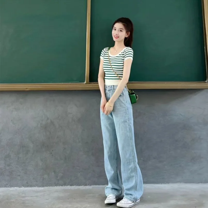 Summer Fashion Set Women's Stripe Short Knitted Top Casual Wide Leg Jeans Show Slim Wearing Style with Two Piece Set