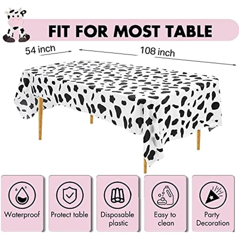 Cow Print Tablecloth Table Cover 54" X 108" Plastic Disposable Rectangle Table Cover Birthday Party Picnic Farm Animal Themed 6