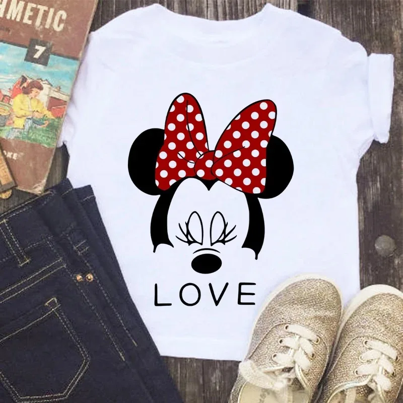 Disney Series Mickey Minnie Anime Clothes T-shirt Boy Girl Casual Summer White Pink Cotton Children's Clothing Baby Kawaii Tees 4