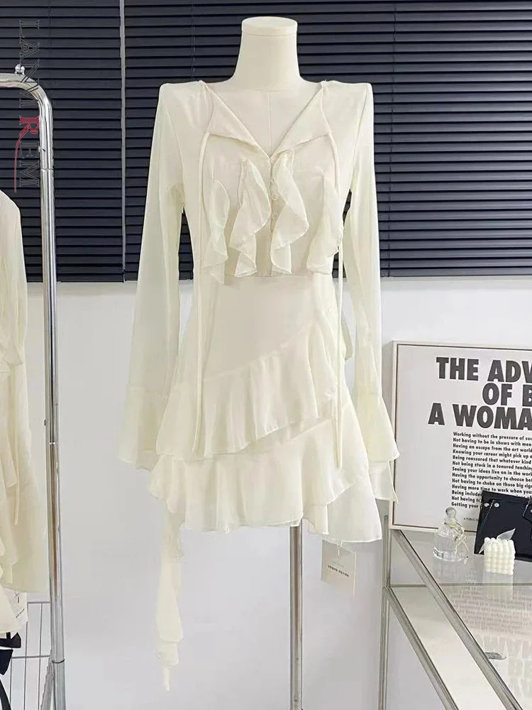 

LANMREM Ruffles Spliced Design Women's Dress Fashion Patchwork Solid Color Slim Mid Length Dresses 2024 Spring New 32C676