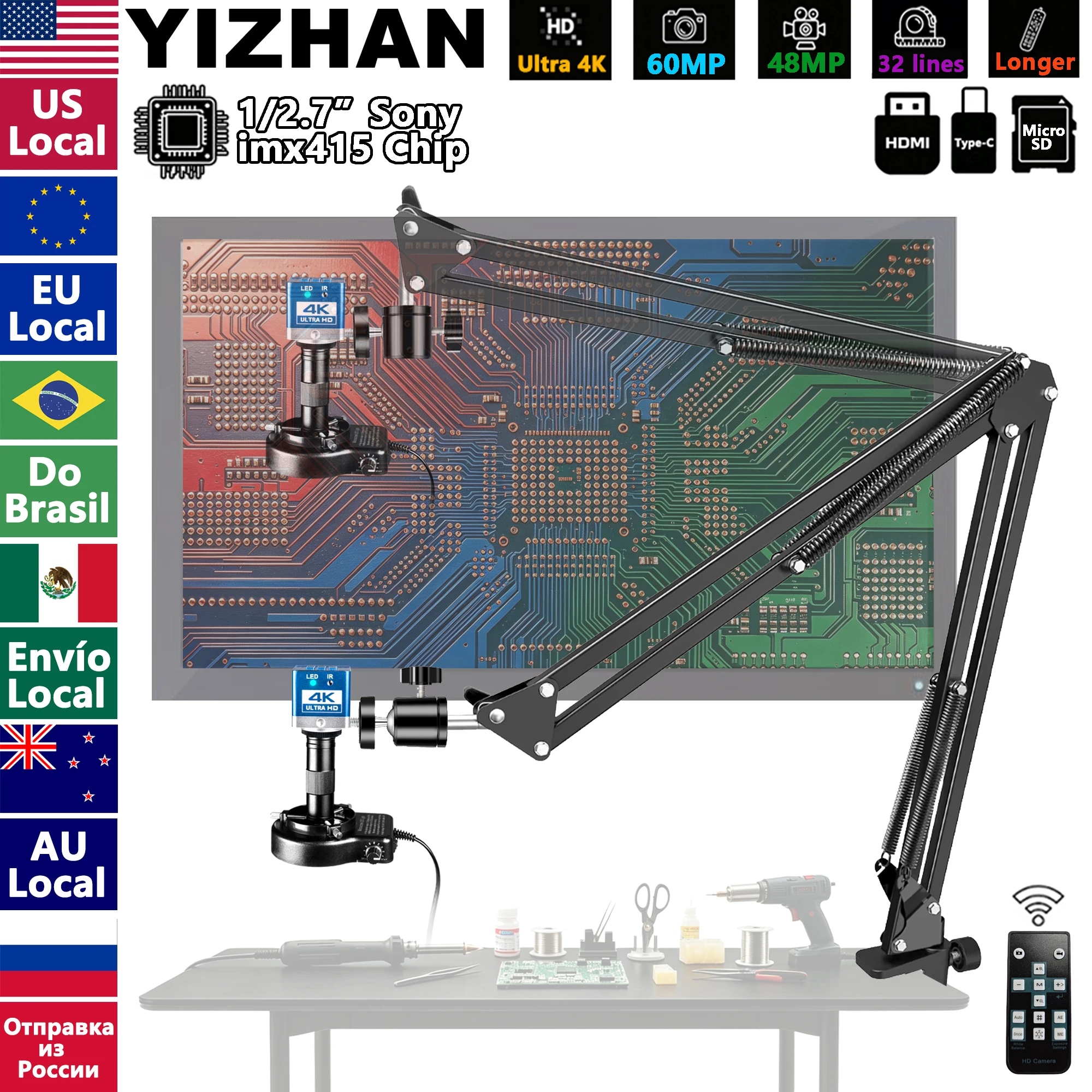 Do Brasil, Microscópio eletrônico 4k para solda, câmera digital usb hdmi de 60mp com sensor hd imx415 de 1/2.7 ", microscópio de vídeo com lente 150x
