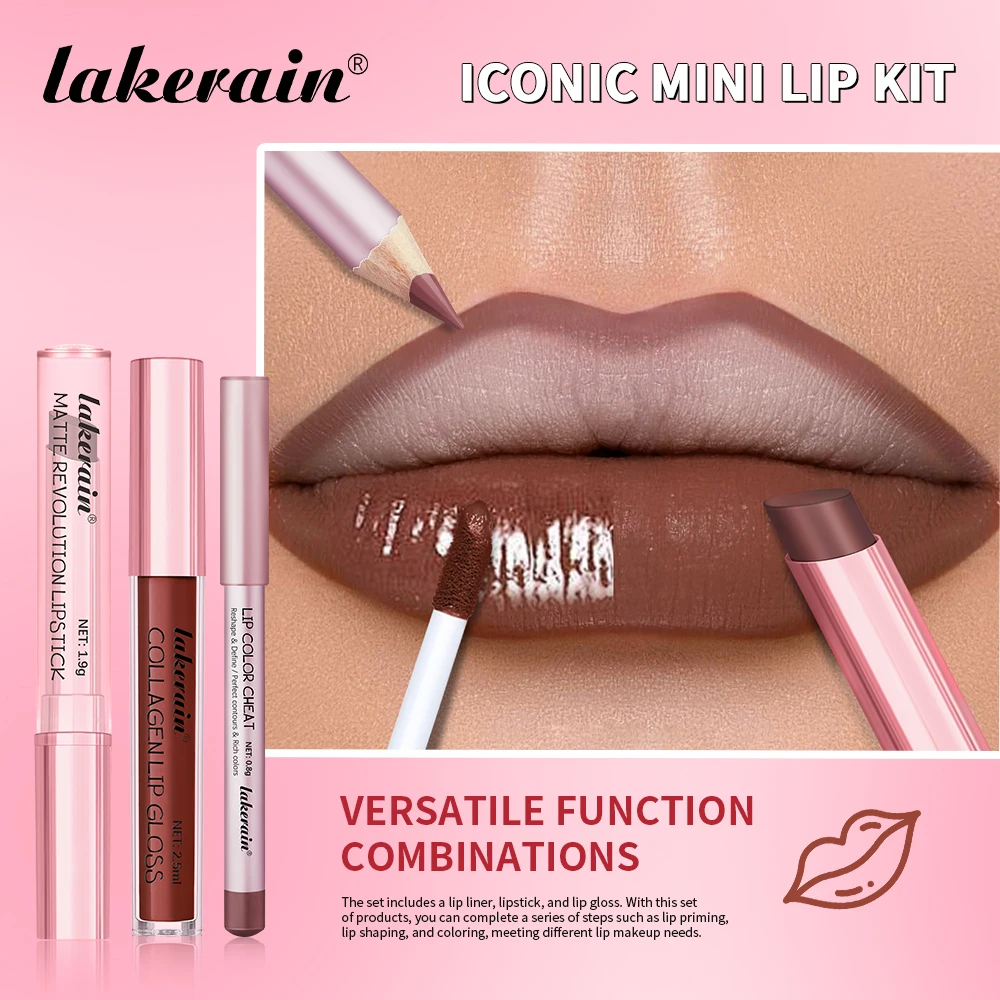 3pcs Lip Makeup Set Lip Liner Lip Gloss Lipstick Mirror Effect Beep Lips High Color Long-lasting Hydrates Travel Mini Set - 5