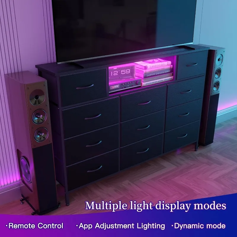 Long Dresser for Bedroom with Charging Station and LED Lights, Black Dresser TV Stand with