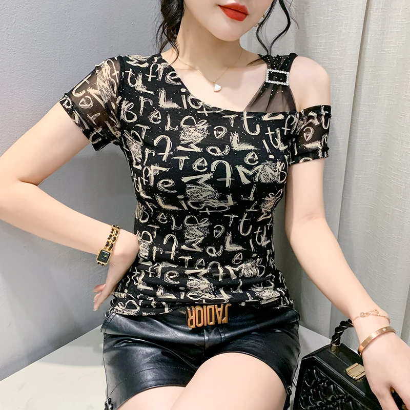 

2023 New Summer European Clothes Mesh T-Shirt Sexy Skew Collar Print Letter Diamonds Women's Short Sleeve Tops Slim Tees 32251