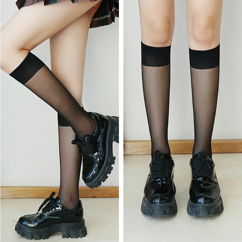 Womens Sheer Knee High Socks Black White Opaque Band Lolita Gothic Y2K JK Uniform Nylon Hosiery Thin Summer Preppy Fashion