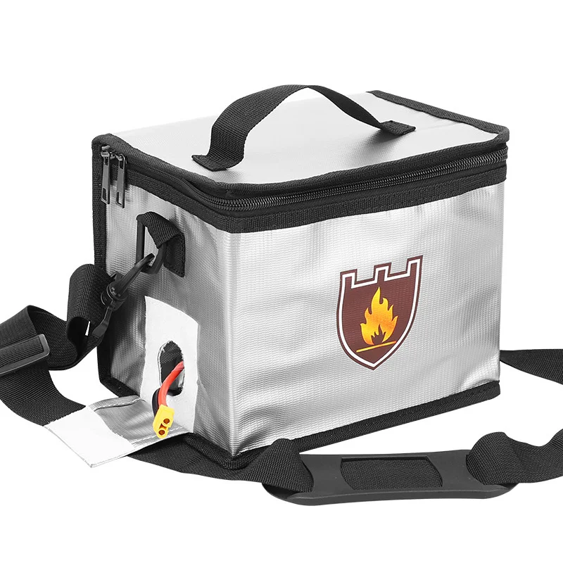 Sac ignifuge pour batterie Lipo ouvert montrant l'intérieur rembourré pour protection feu et stockage sécurisé