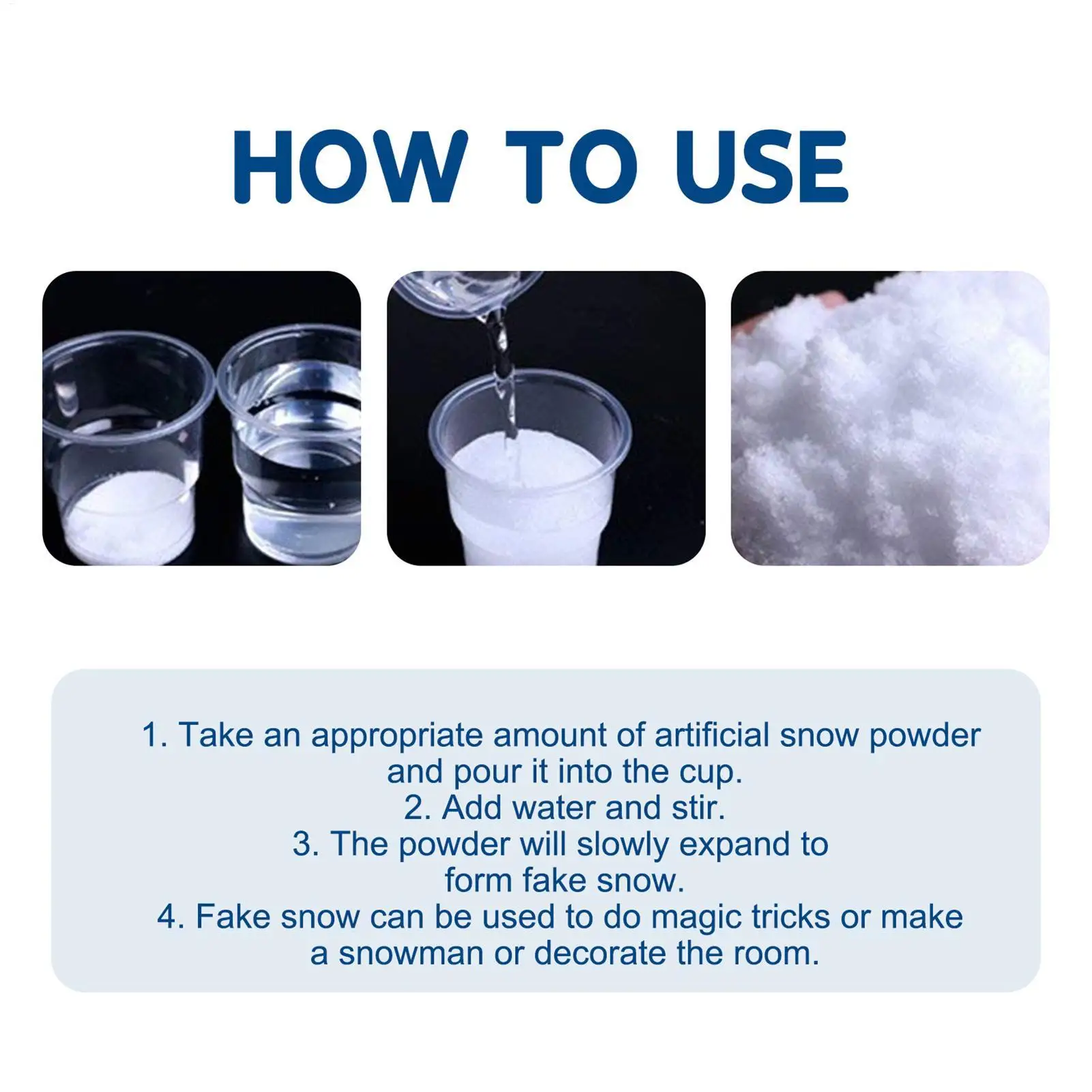 Description Picture 3 of itemInstant Artificial Snow Powder Winter Fake Snow for Christmas Decor Play Kids Toy Gift Box Tree Window New Year Party Decoration