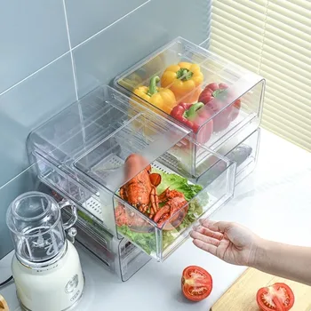 Cassetto impilabile per alimenti Contenitore per alimenti trasparente di grande capacità con vassoio di scarico salvaspazio riutilizzabile