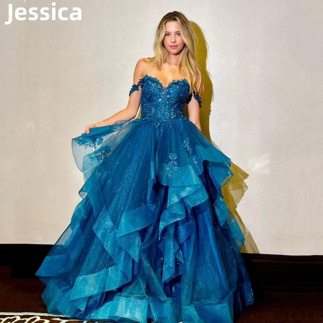

Jessica Glitter Lace Embroidery Prom Dresses Fluffy Tulle Ruffled Blue Evening Dresses A-shaped Party Dresses 2024Wedding Dress