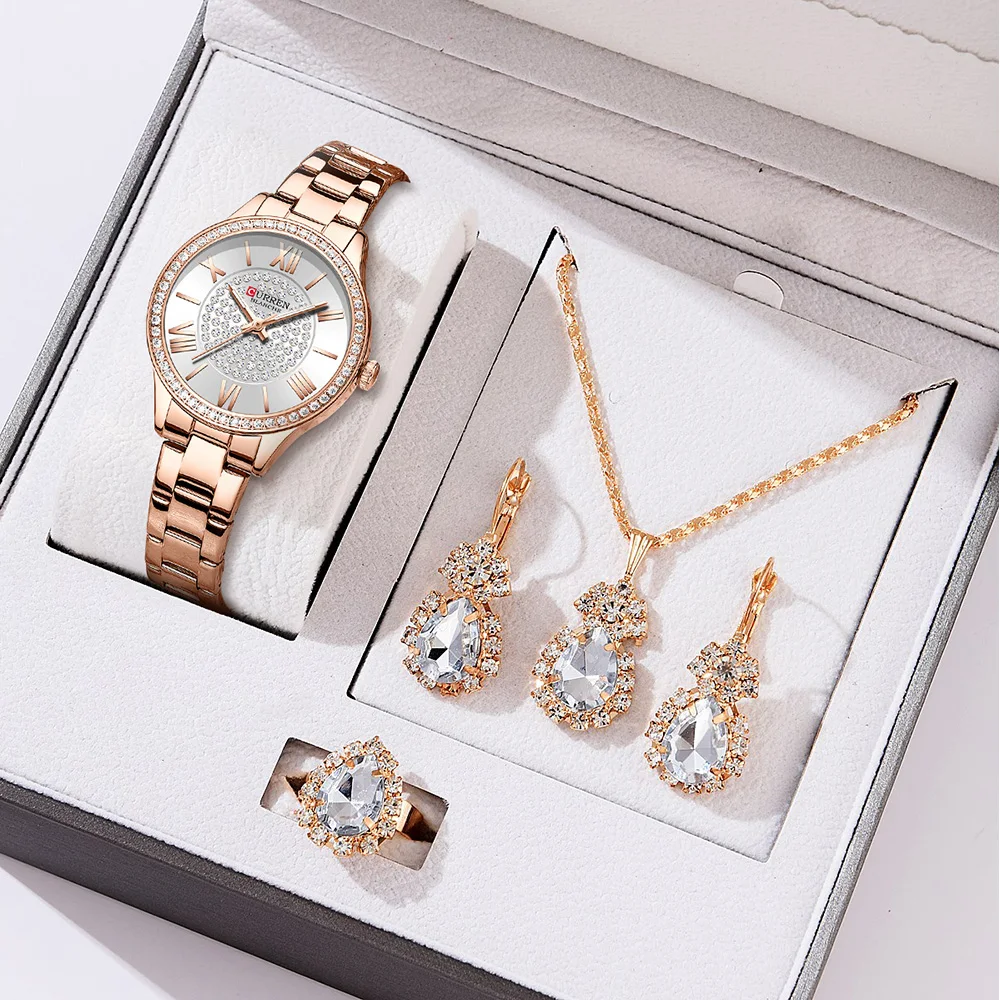 CURREN Luxury Watch Women Ring Necklace Earrings Rhinestone Fashion Wristwatch Female Casual Ladies Watches Bracelet 5PCS Set