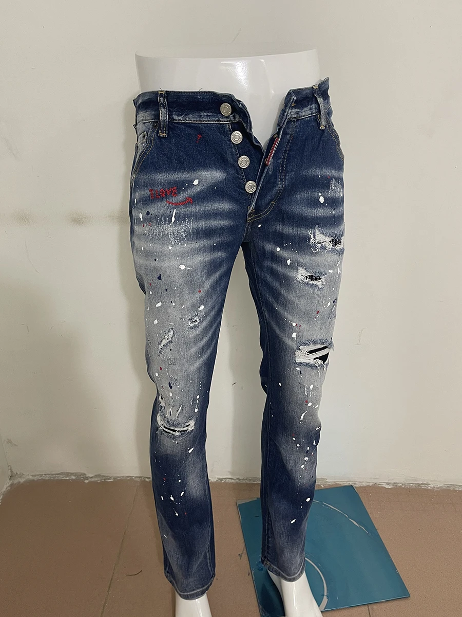 

2023 spring and autumn new style D2 jeans men wash worn holes patch paint micro bullet embroidery straight blue jeans man