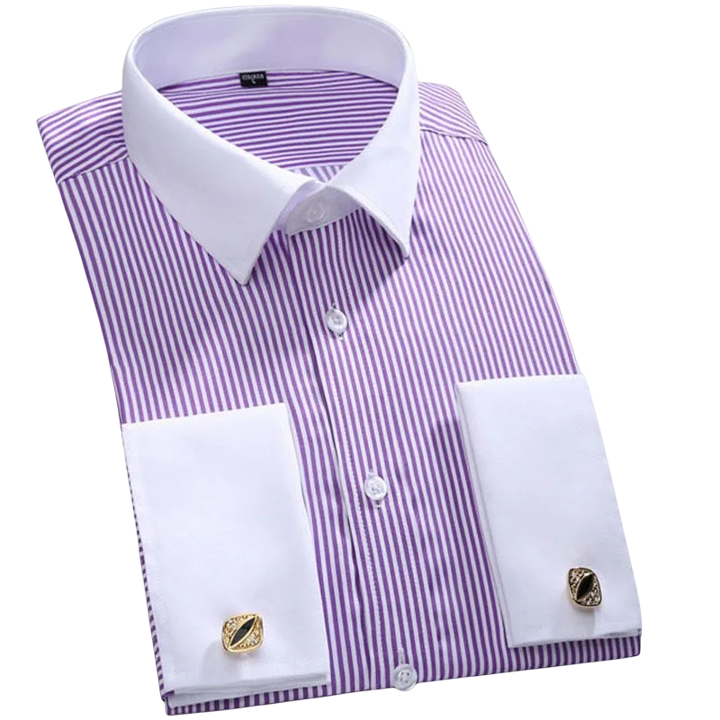 Shirts Men French Cuff Dress Long Sleeve Business Formal Shirt With Cufflinks Tuxedo Party Wedding Spread Collar