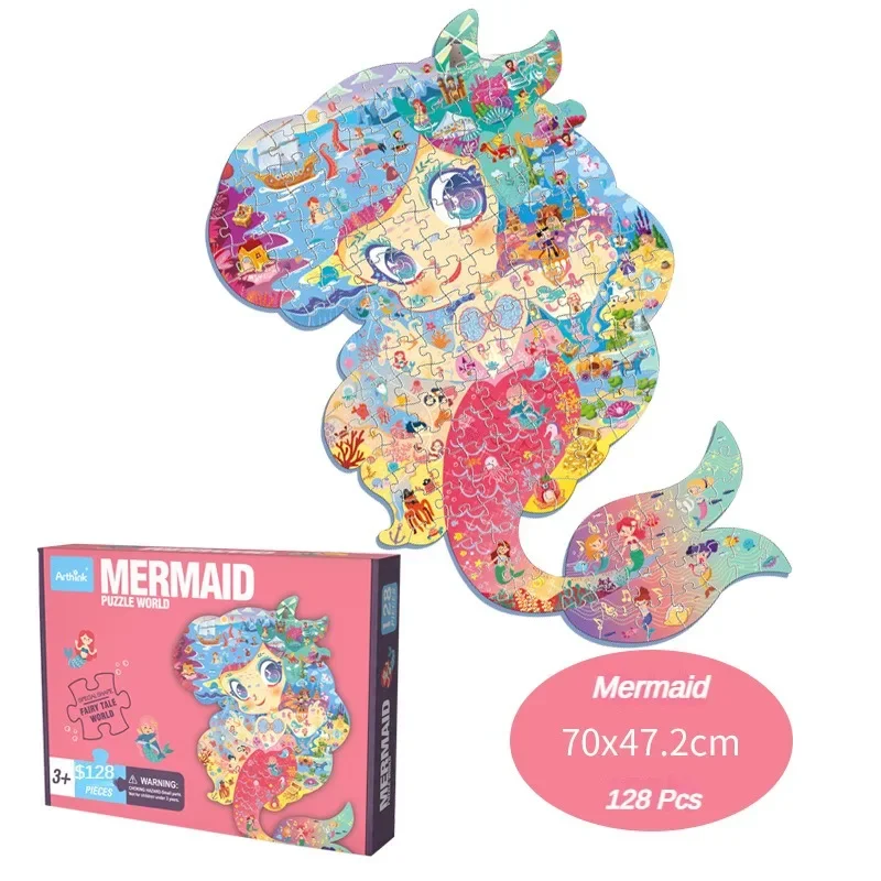 Cartoon Irregular Puzzles Paper 128 Pieces for Kid Educational Toy Various Mermaid Space Polar Bear Shark Elephant Gift for Kid 4