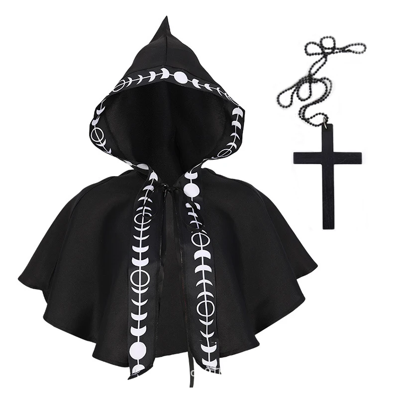 

Grim Reaper Cape Medieval Steampunk Halloween Costumes for Women Cosplay Christian Magician Cloak Cross Priest Witch Party Dress