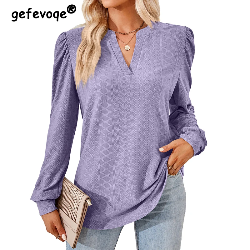 

2023 Summer Fashion V-neck Solid Color Jacquard T-shirt Ladies Long Sleeve Loose Casual All-match Pullovers Top Women Simple Tee