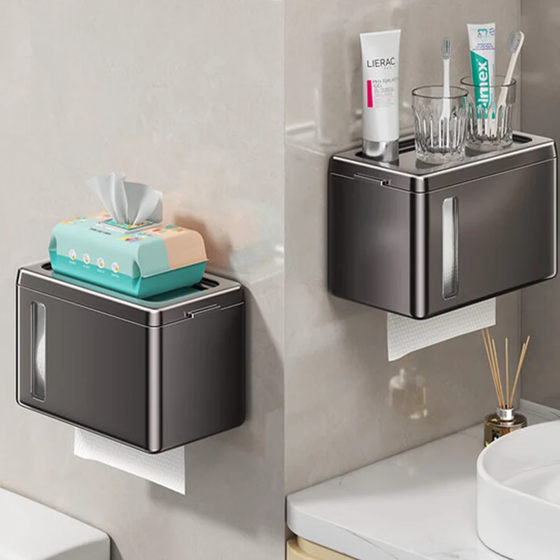 Toilet Paper Holder Tissue Box Wall Mounted Tissue Box Waterproof Toilet Paper Holder with Shelf for Bathroom Kitchen Storage Organizer Plastic Dispenser