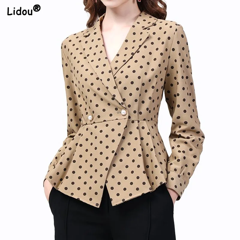 Women's Clothing 2022 Thin Pleated Skinny Spring Summer Blazers Dot Pattern Fashion Temperament Notched Loose Button Office Lady fashion detachable large lapel   and white contrast color bow brooch pleated pattern elastic and waisted cotton padded coat