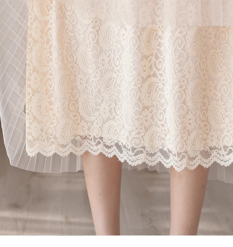 a line skirt Women Midi Lace Skirts Spring Summer Elastic High Waist Mesh Tulle Skirt Casual Pleated Skirts Apricot Black Office Lady N136 a line skirt