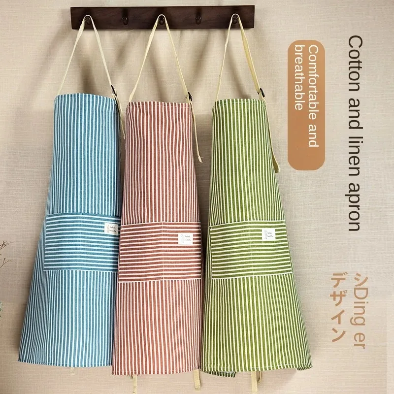 Kitchen Apron Hemp Apron Striped Cotton Household Japanese Aprons For Cleaning Cooking Baking With Large Pocket Cute Women's Apron Overalls