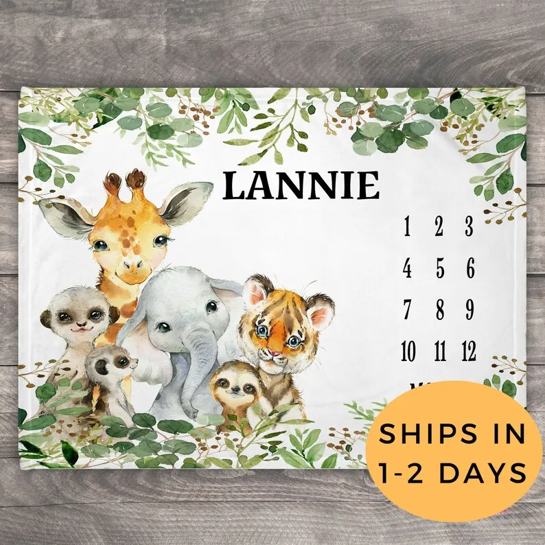 

Elephant Milestone Baby Blanket, Safari Animal Milestone Blanket, Personalized Photo Blanket, Best Baby Shower Gift, Jungle Nurs