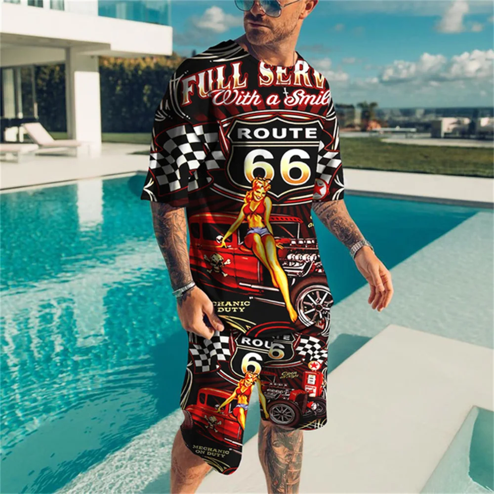 

3D Printed Letters Short Sleeve Casual T-Shirt Shorts Men's American Retro 66 Road Suit Summer Casual Men Suit Short Sportswear