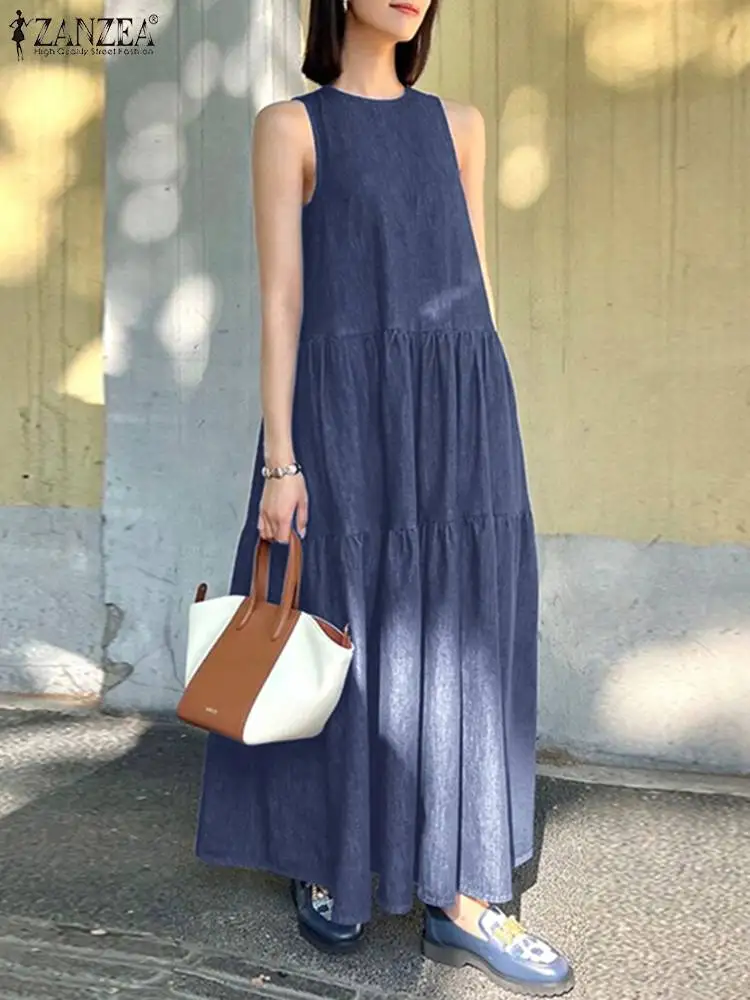 

ZANZEA Summer Women Fashion Sleeveless Maxi Dress Vintage Denim Blue Dresses Stylish A Line Sundress Holiday Vestidos Oversize