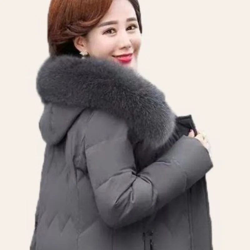 2023 Autumn Winter Middle-aged Elderly Down Jacket Long Style White Duck Down Thick Warm Slim  Fox Fur Collar Hooded Coat Female