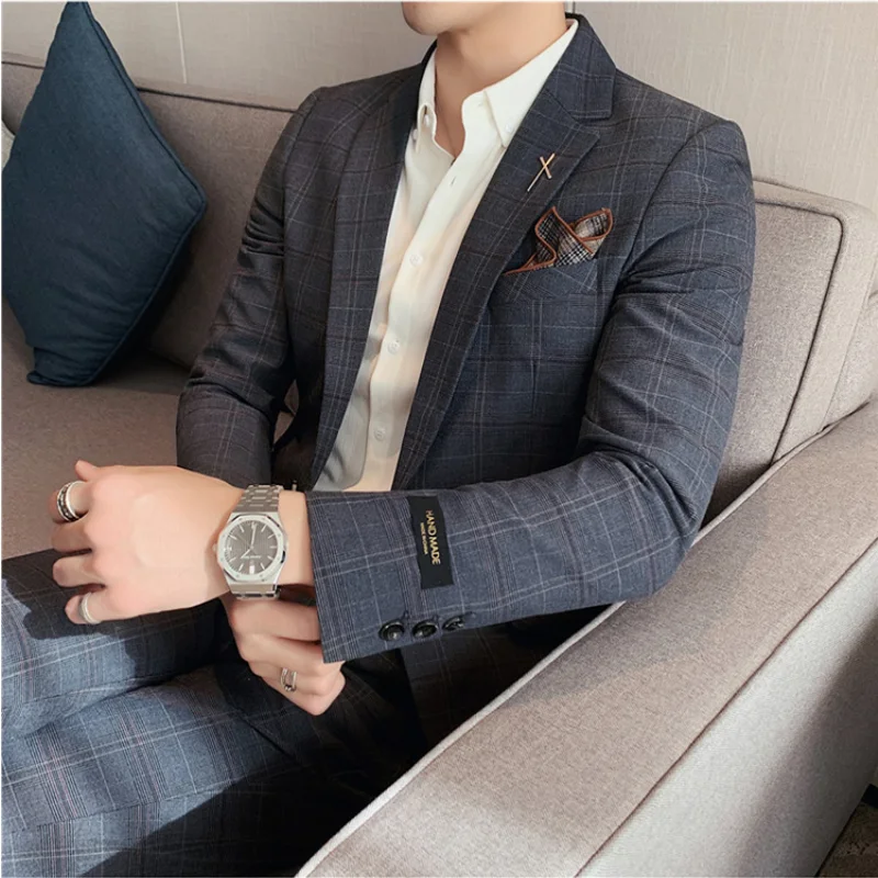 (Jacket+Pant) Latest Design Check Men Suit Groom Wedding Stage Tuxedos Best Costume Men Business Social Suits 2 Piece Set