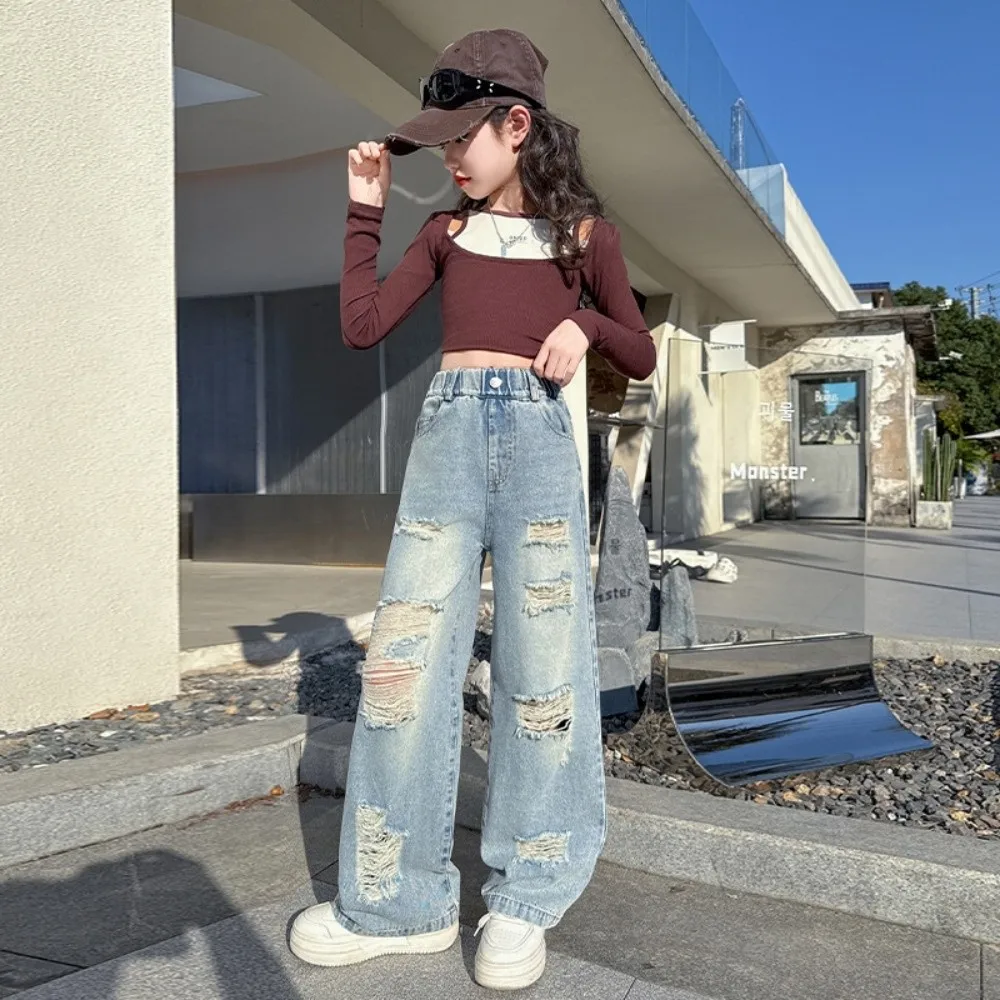 Ripped Wide Children Jeans Straight High Waist Blue Teen Girl Jeans Loose Leg Streetwear Girls Denim Trousers Girls Gift
