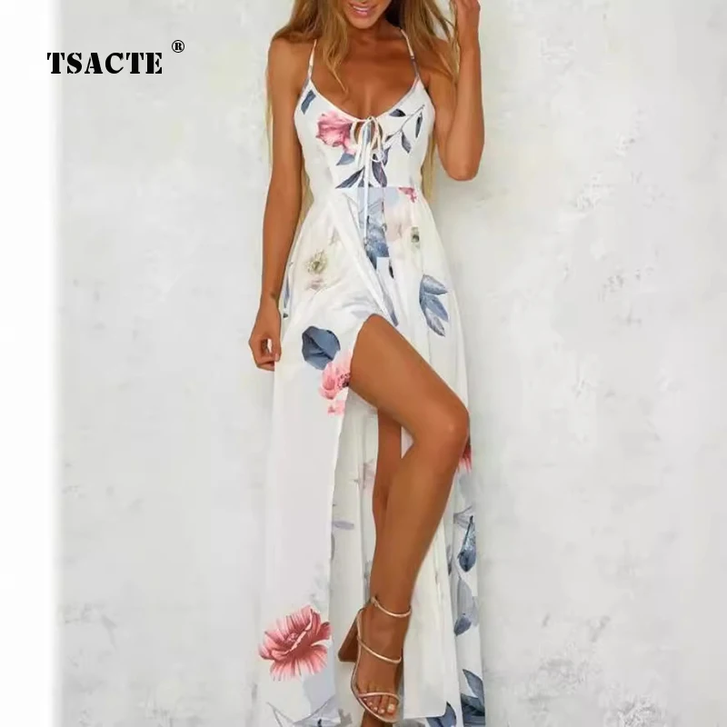 

2024 Spring Summer New Sexy V-neck Slip Dress Womens Printed Temperament Open Back Lace Up Waist Split Hot Selling Fashion Dress