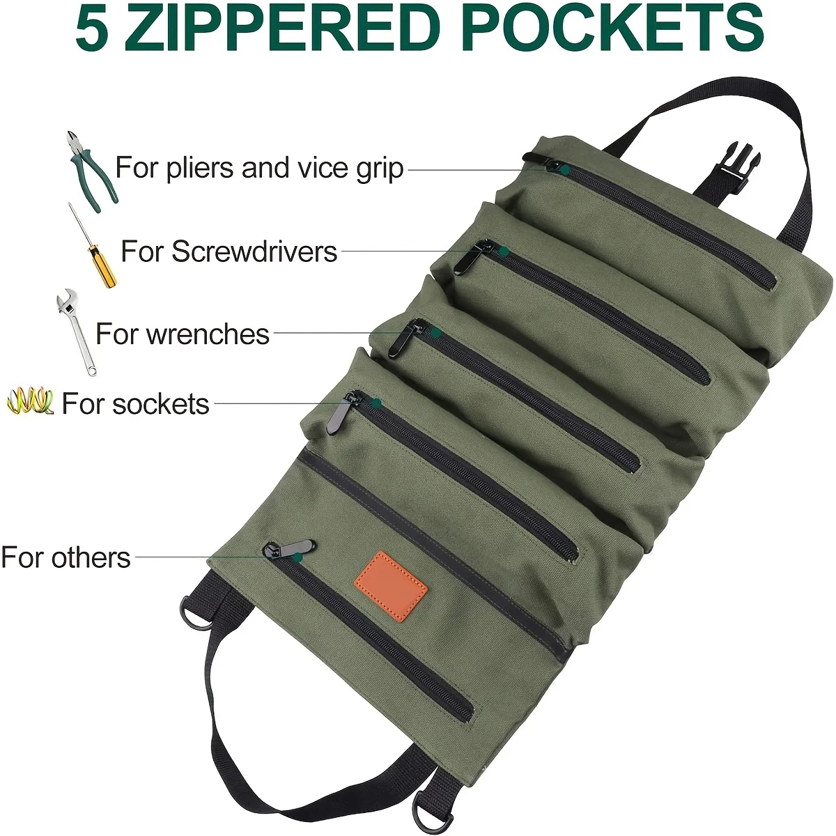 Tool Roll Multi-Purpose Roll Up Tool Bag Wrench Roll Canvas Organizer Bucket Car First Aid Kit Wrap Roll Storage Case