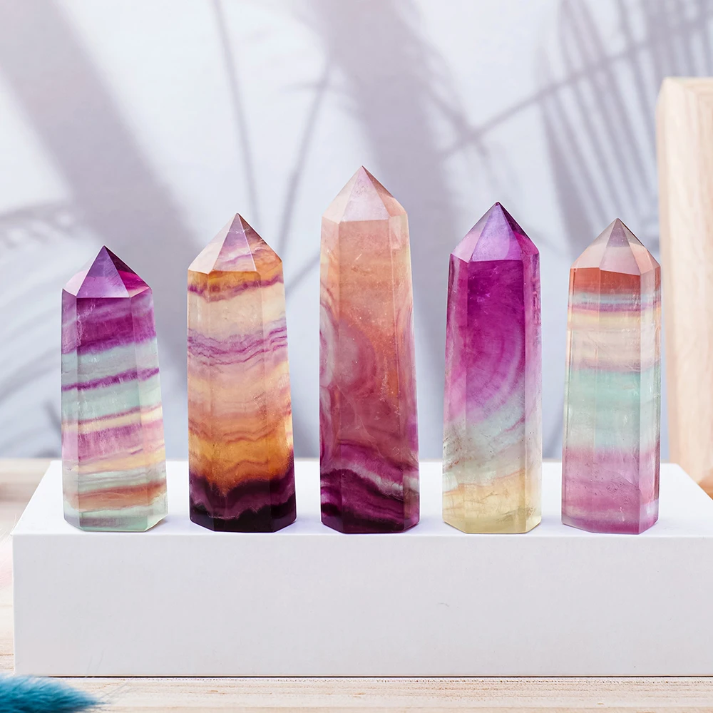 Natural Coloful Watermelon Fluorite Hexagonal Column Magic Point Crystal Tower Ornament for Home Decor Pyramid 5
