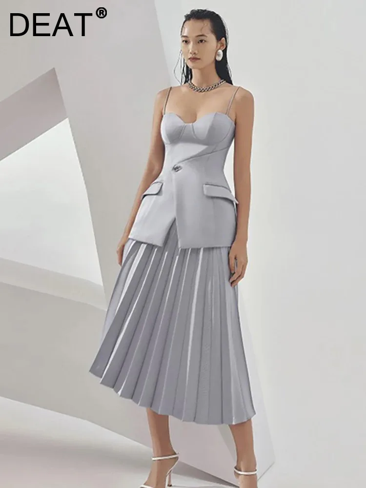 

DEAT Women's 2 Pcs Set Camisole Strapless Single Button Irregular Tops Pleated Waist Fashion Skirt Suit Spring 2024 New 13DB3154