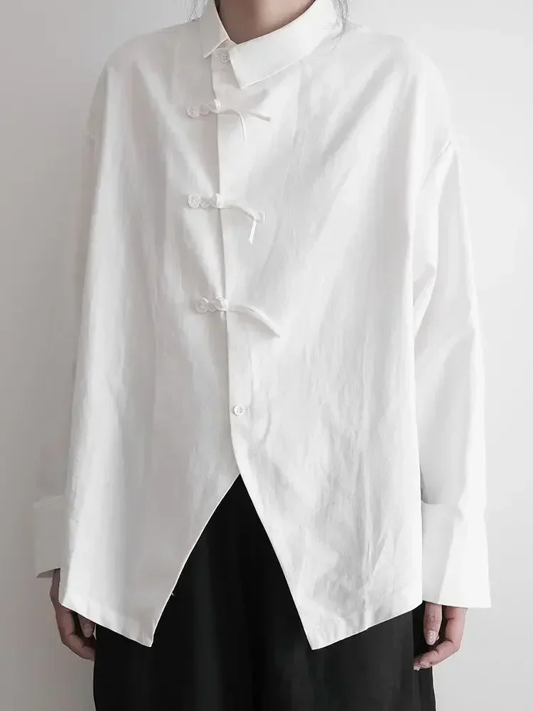 ZZ129 2024 Spring Autumn Design Sense Irregular Fashion Slant Button Shirt Women's Casual Loose Long Sleeve Temperament Shirt 2