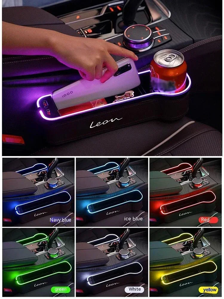 

For SEAT Leon MK2 3 4 FR 5f Gm Car 7 Color Seat Storage Box with Atmosphere Light Car Seat Cleaning Organizer Seat USB Charging