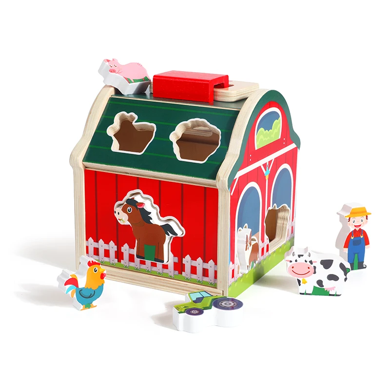 Baby Wooden Matching House Toys Montessori Toys Farm Animal Color Shape Sorting Building Blocks Early Education Games Gifts 4