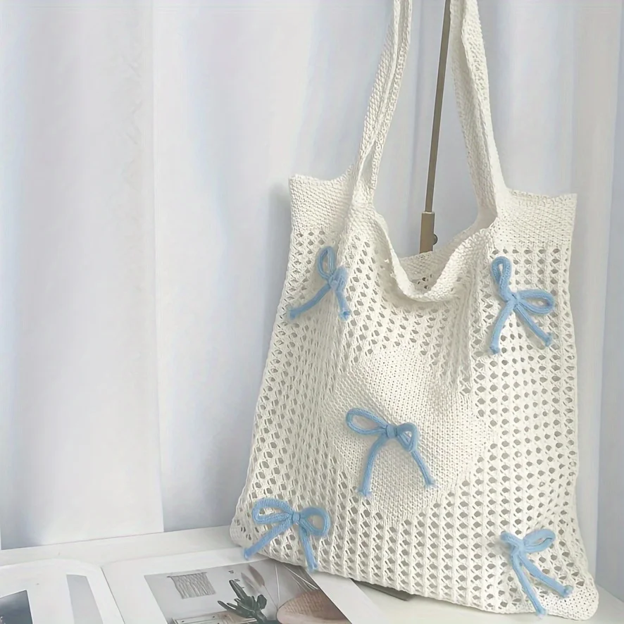 Preppy Style Crochet Tote Bag with Butterfly Accents, Solid Color Polyester Shoulder Bag, Foldable Fashion Beach Bag