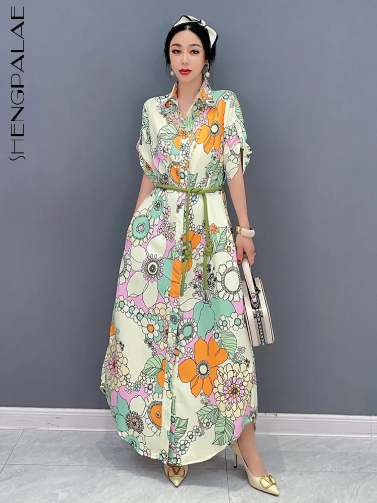 

SHENGPALAE Flower Printed Dress For Women Fashion Lapel Single Breasted Lace Up Waist Casual Loose Robe Summer 2023 New 5R1816