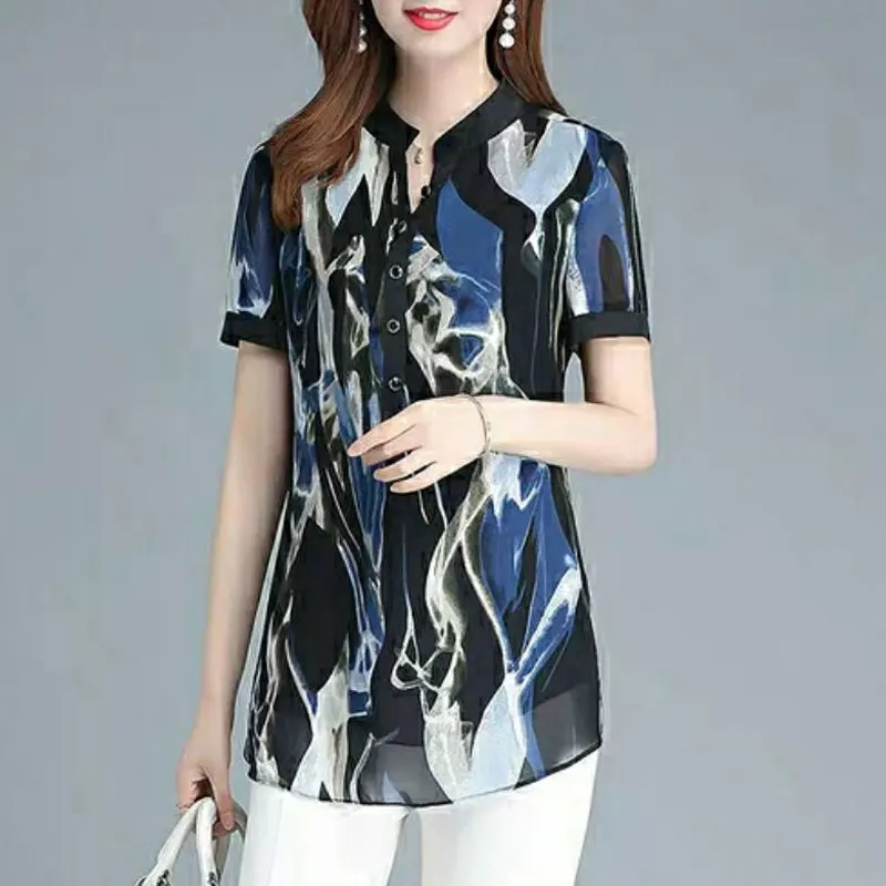 

Female Clothing Vintage Printed Blouse Casual Short Sleeve 2023 Summer Korean Round Neck Button Office Lady Spliced Midi Shirt