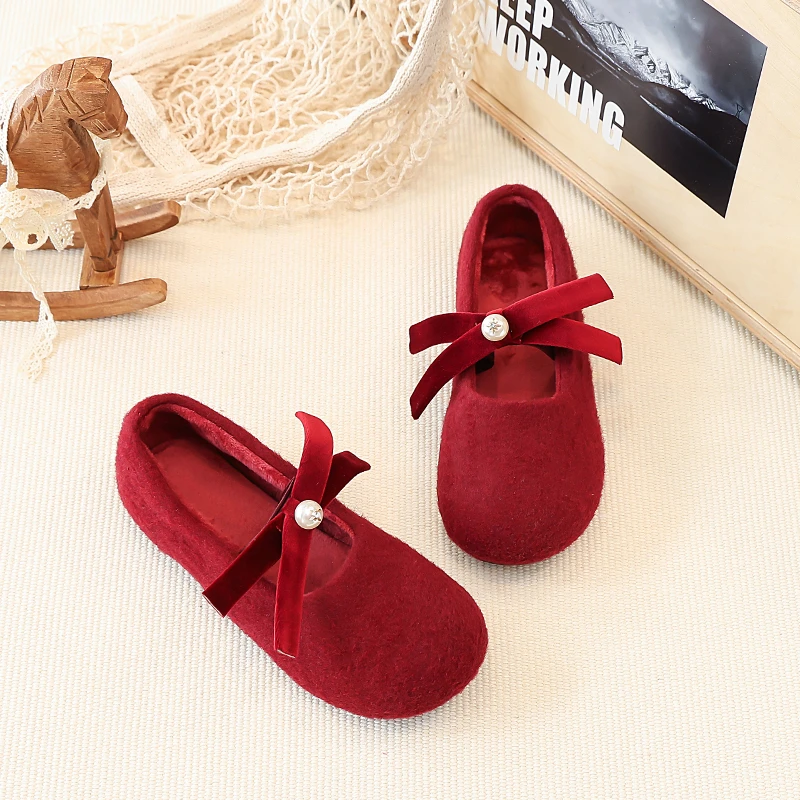 Girls Winter Fuzzy Ballet Flats with Bow Detail