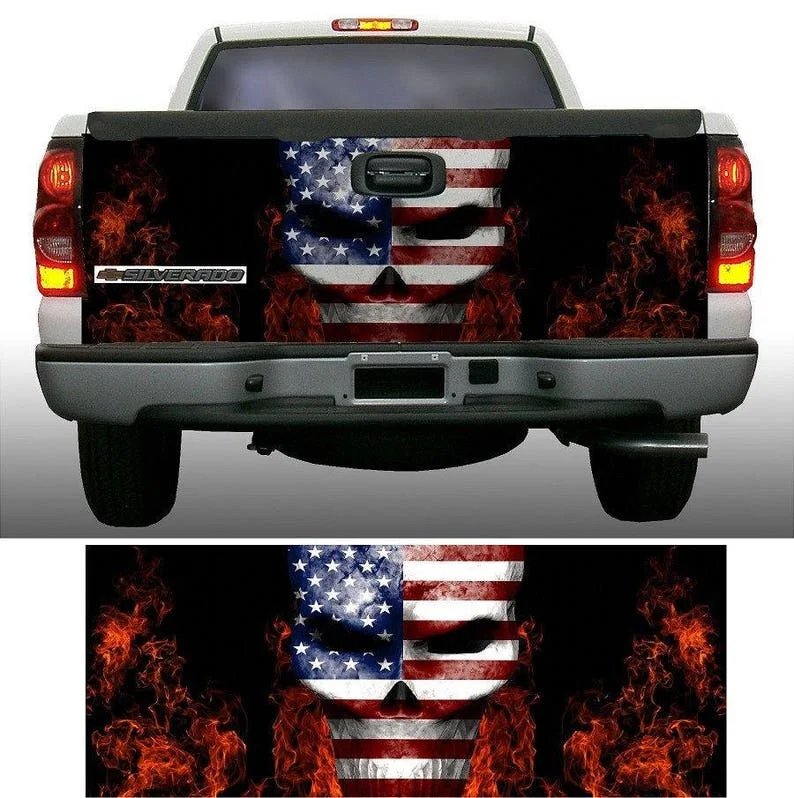 

American flag skull fire flames tailgate wrap vinyl graphic decal