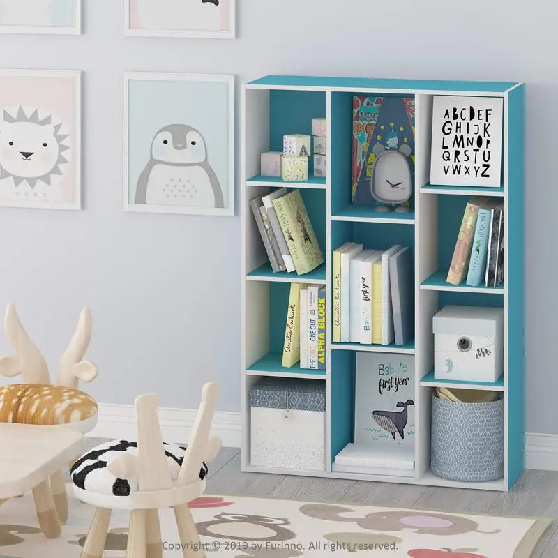 

Furinno 3 Luder 11-Cube Reversible Open Shelf Bookcase, White/Light Blue