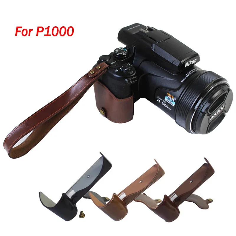 Custodia In Pelle Pu Set Mezzo Corpo Custodia Custodia Grip Per Borsa Fotocamera Nikon P1000 Con Apertura Della Batteria