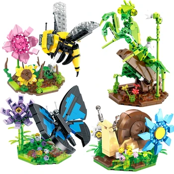 Cute Animals The Insect Collection Butterfly Mantis Bee Snail Building Blocks Kit Girl Bricks Model Kids Toy Children